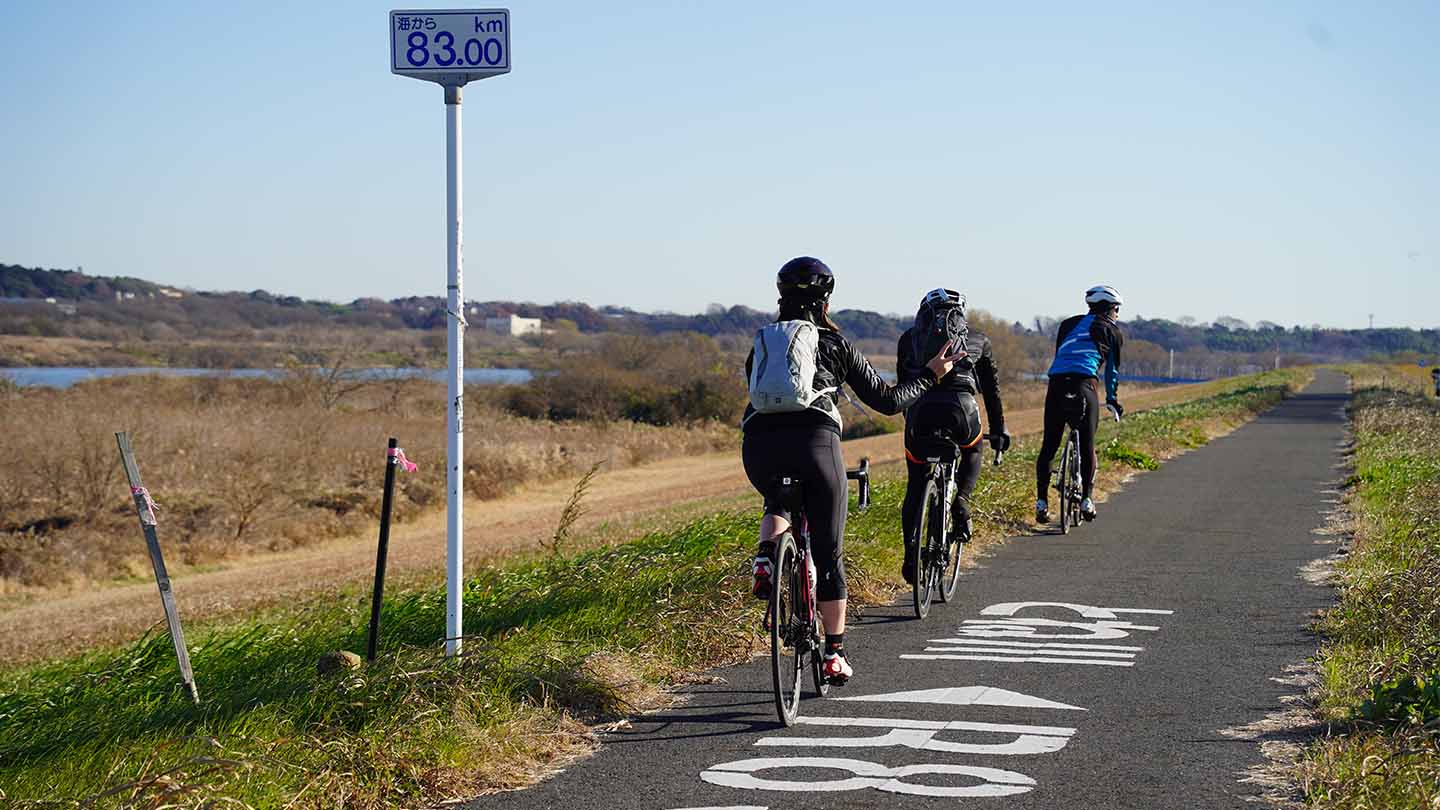 利根川サイクリングロードをロードバイクで走るスタッフの後ろ姿