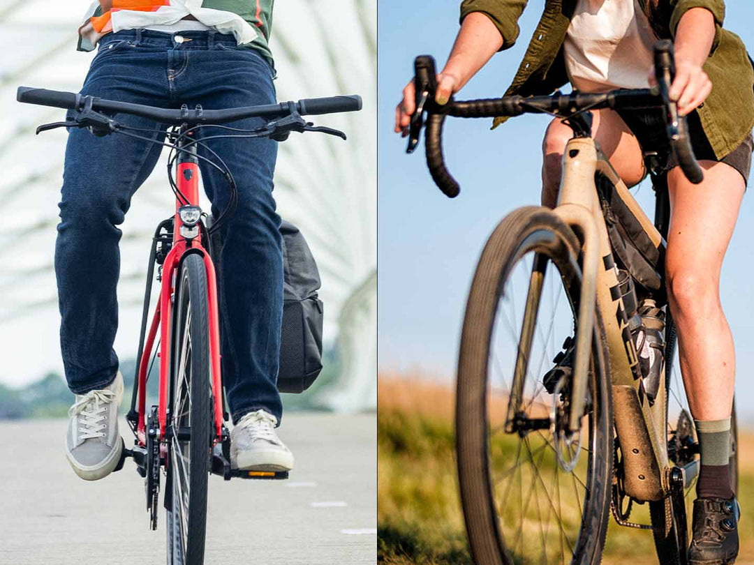 左がクロスバイクハンドルの写真で右がロードバイクハンドルの写真