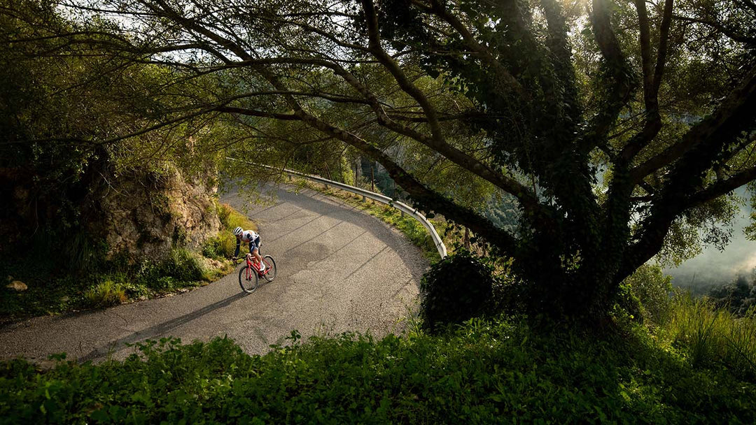 山間のつづら折れカーブを登っているロードバイクの写真