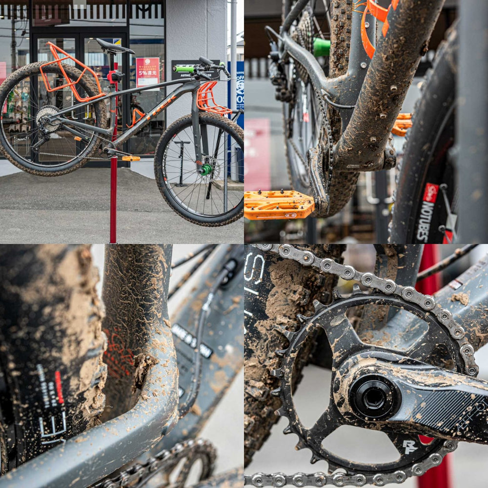 マックオフ(MUC-OFF)自転車ケミカルを使用して洗車を行う前の汚れた状態のマウンテンバイク