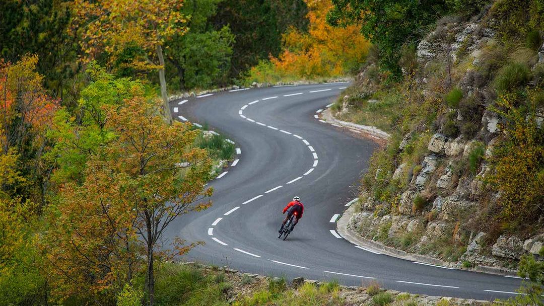 紅葉のくねくねの山道をロードバイクで快走している写真