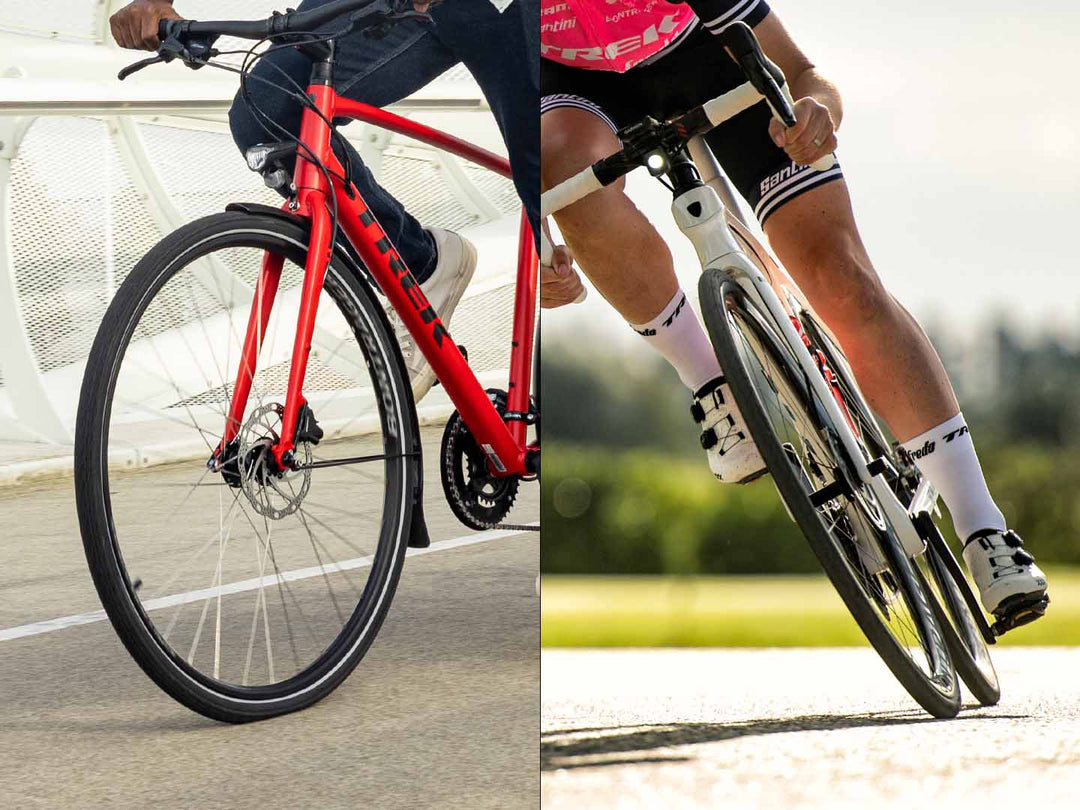 左が適度な太さのクロスバイクのタイヤの写真で右が少し細身のロードバイクのタイヤの写真