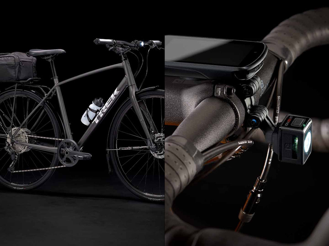 左がアクセサリー類を沢山装着したクロスバイクの写真で右がハンドル周りにアクサセリーを装着したロードバイクの写真