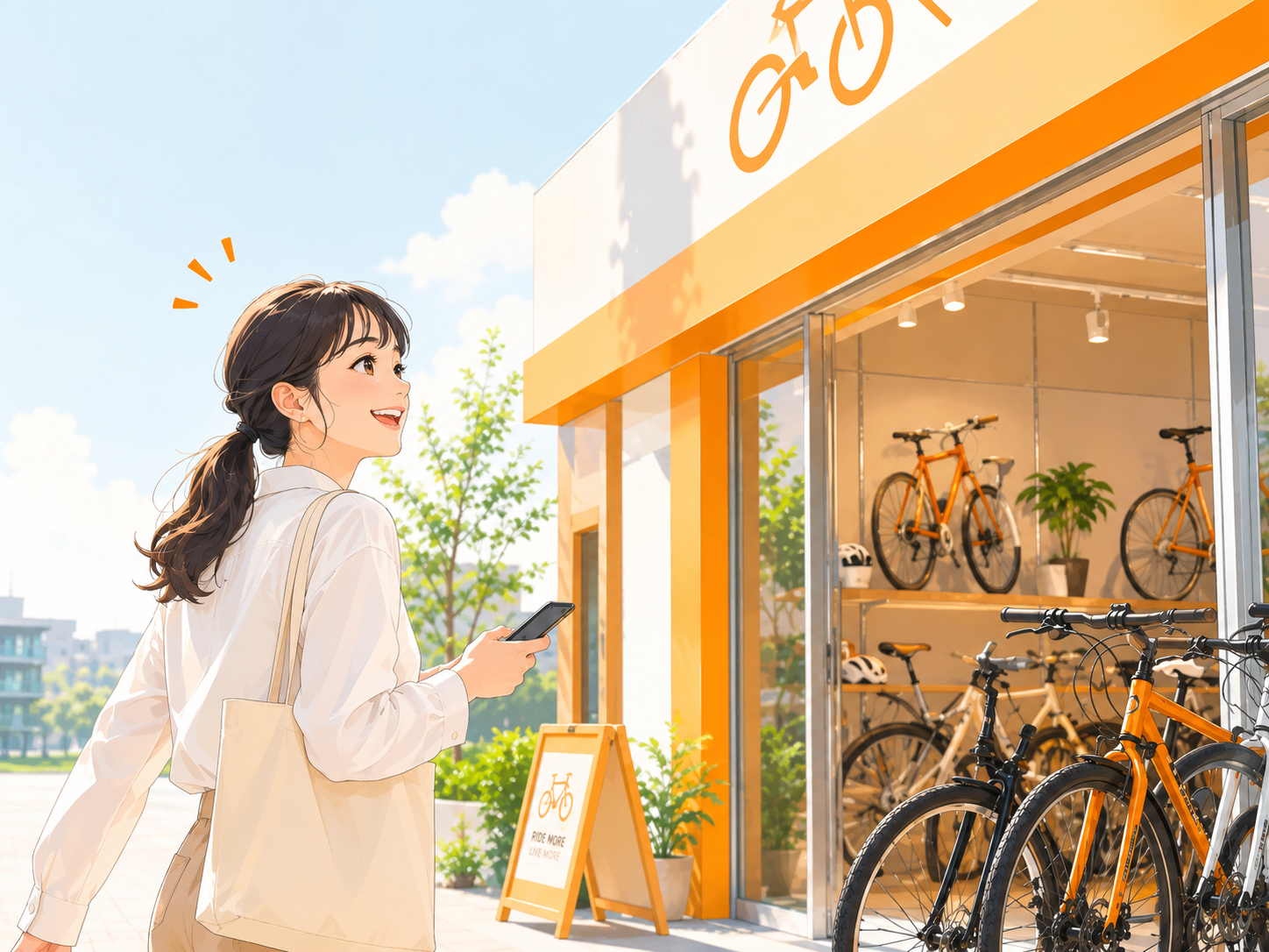利用可能枠を確認して自転車店へ向かうお客様のイラスト