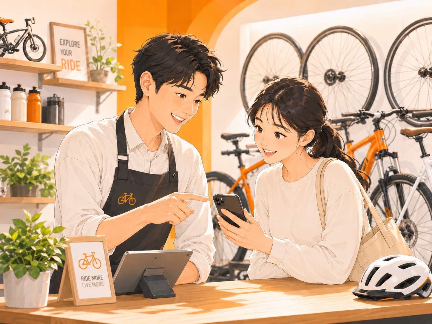 自転車店でお客様がスマートフォンを操作しスタッフが案内するイラスト