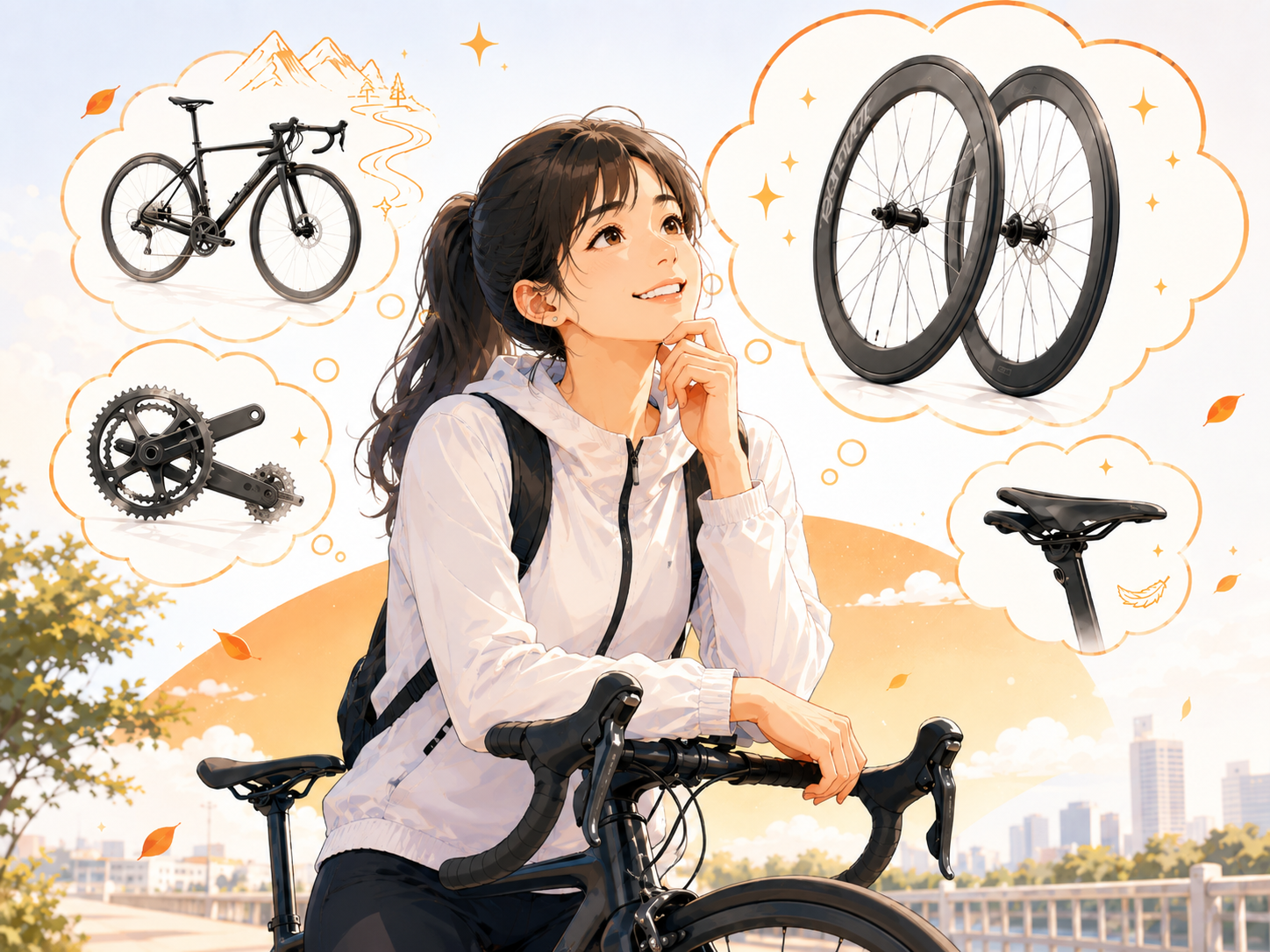 次に欲しい自転車やホイールなどのカスタムを思い描くお客様のイラスト